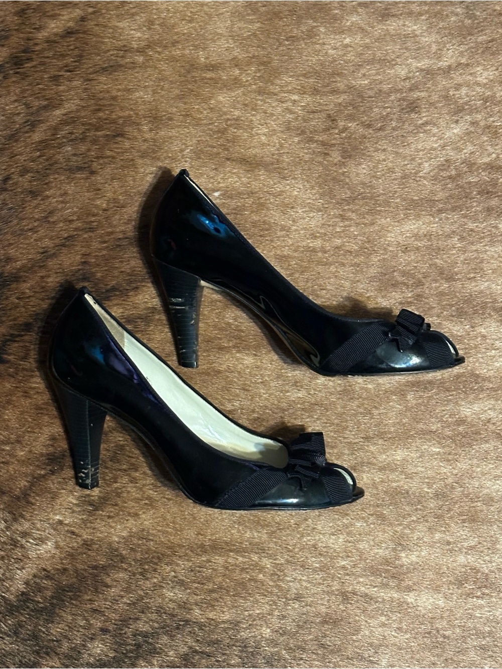 ANTONIO MELANI Black Patent Peep-Toe Heels with Bow Accent
